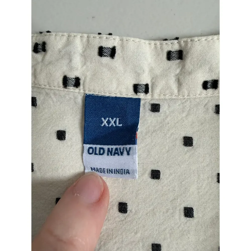 Old Navy Puff Sleeve Black Clip Dot Henley Blouse Size XXL Cream 100% Cotton
